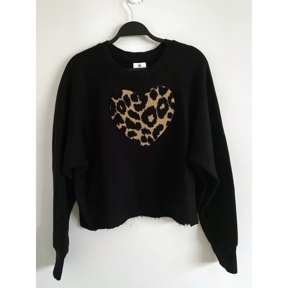 Sundry Women's Leopard Chantilly Heart Cut Off Raw Hem Sweatshirt Anthro RARE - Picture 7 of 14